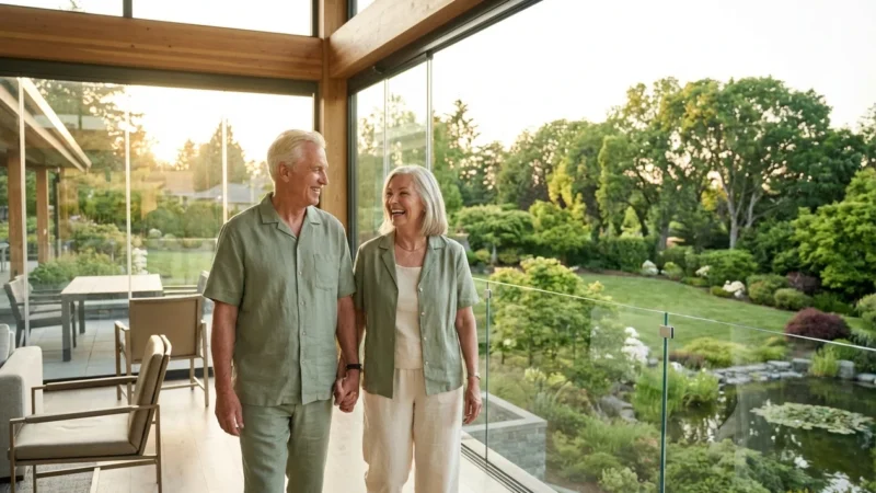 An active senior couple walking through a modern, sunlit retirement community clubhouse.