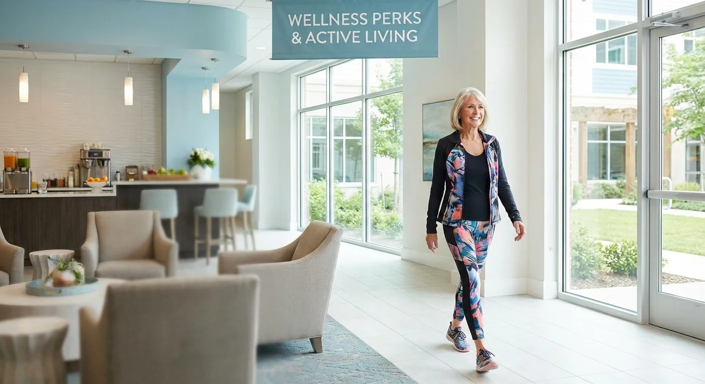 An active senior woman walking in a bright, modern wellness center.