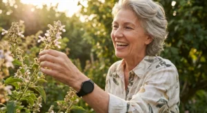 An active senior woman wearing a stylish smartwatch in a sunny garden.