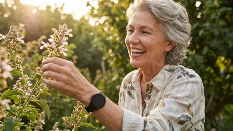 An active senior woman wearing a stylish smartwatch in a sunny garden.