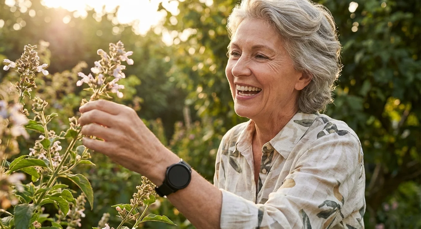 An active senior woman wearing a stylish smartwatch in a sunny garden.