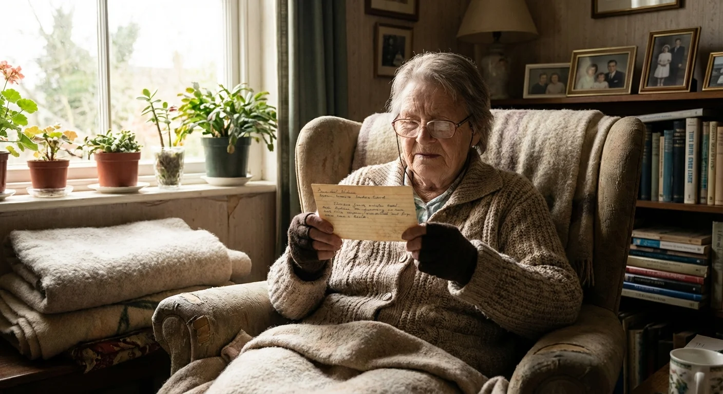 An elderly woman focuses on a recipe card in a warm living room, highlighting early signs of cognitive challenges.