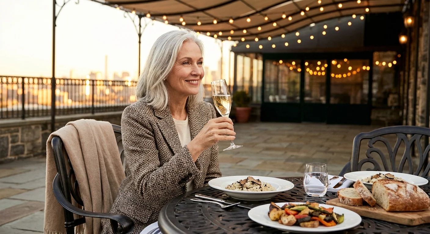 An elegant woman in her 70s enjoys a fine dining experience, representing the maximized benefits of delayed claiming.