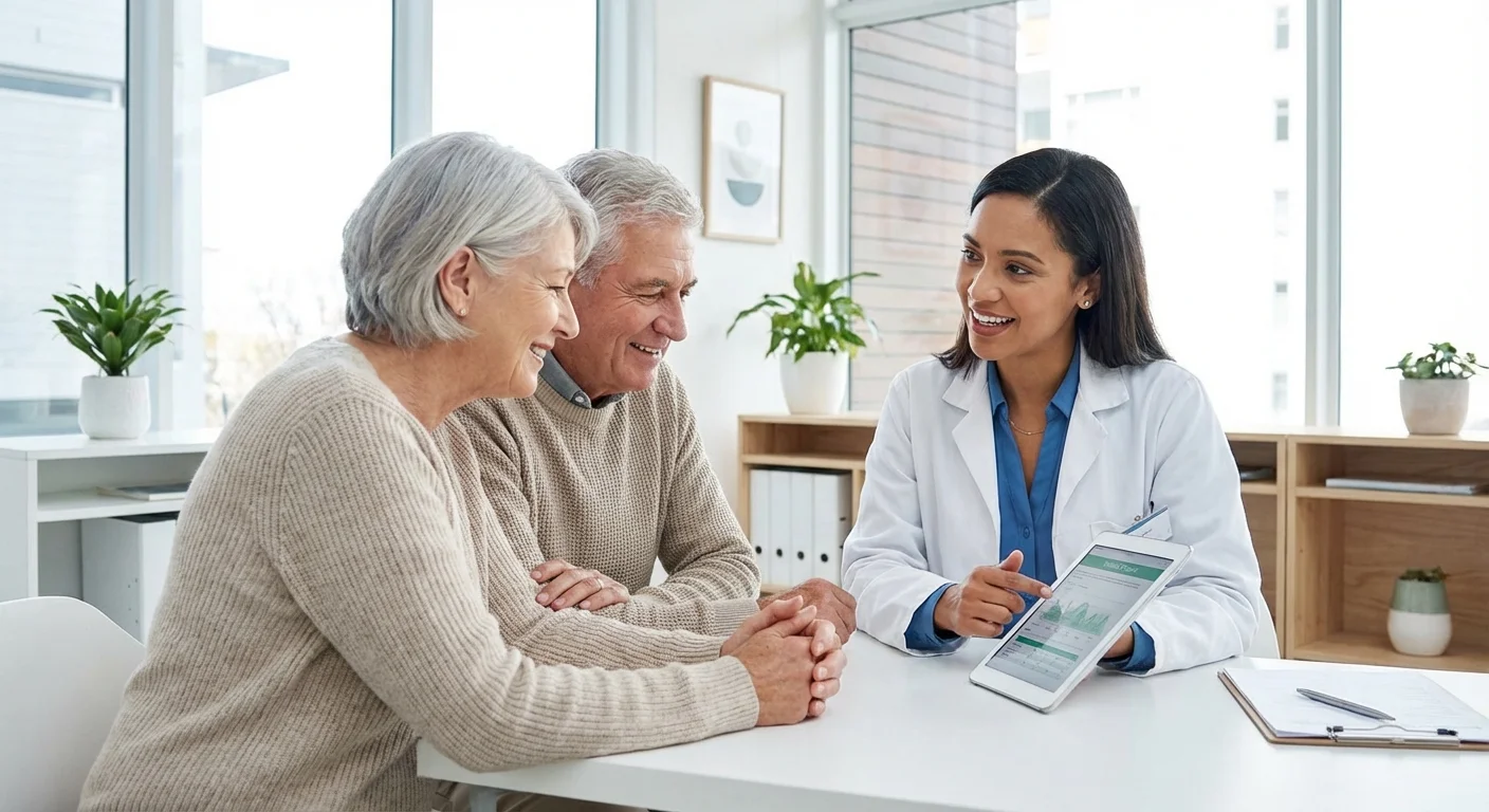 An older couple consulting with a doctor in a modern healthcare setting about mental health benefits.