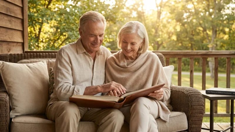 An older couple shares a tender moment on a sunny porch, representing cognitive health and family support.