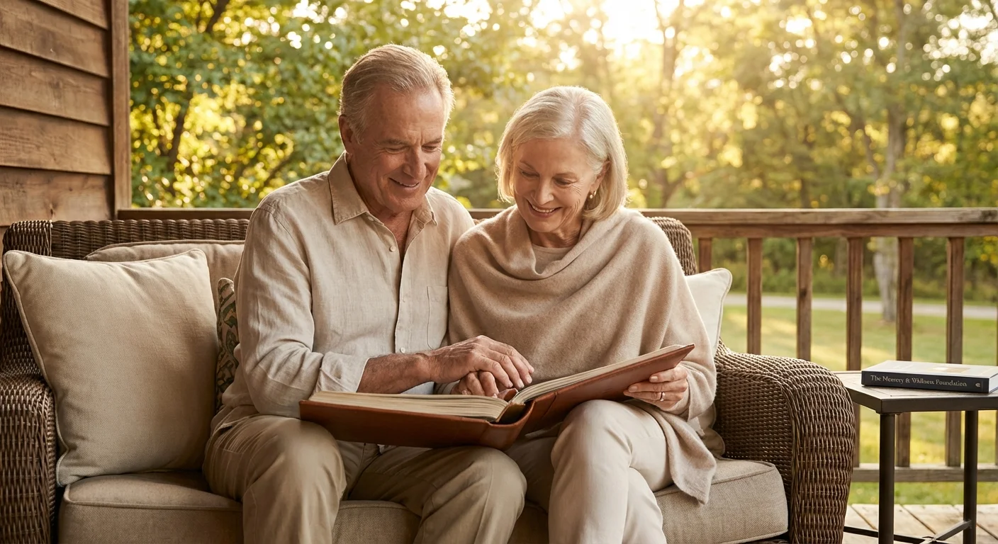 An older couple shares a tender moment on a sunny porch, representing cognitive health and family support.