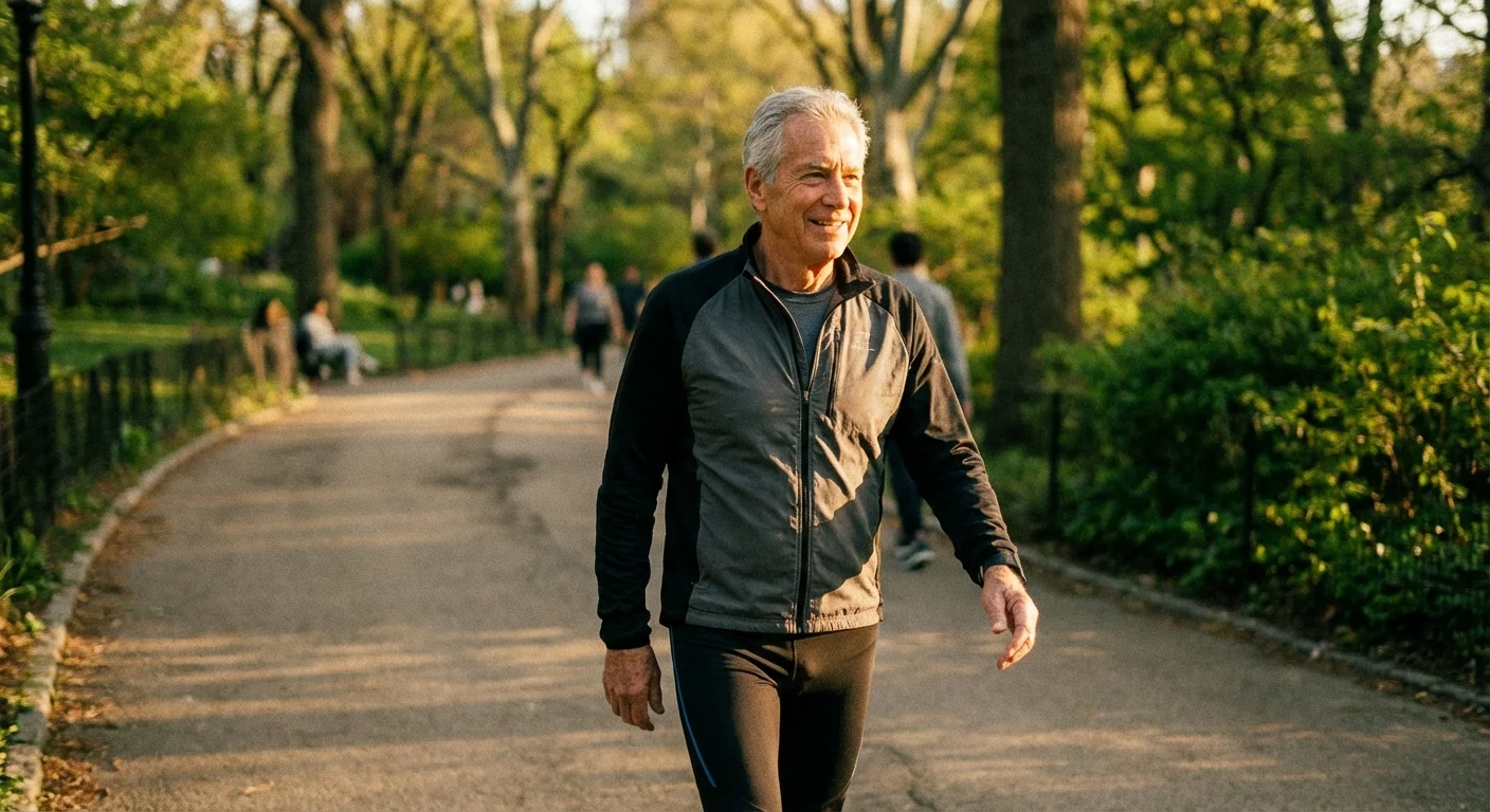 An older man walking in a park, highlighting the cardiovascular and joint benefits of weight management.