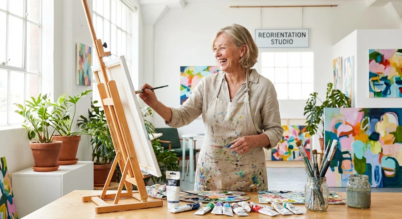 An older woman happily painting in a sunlit art studio, representing the reorientation stage of retirement.