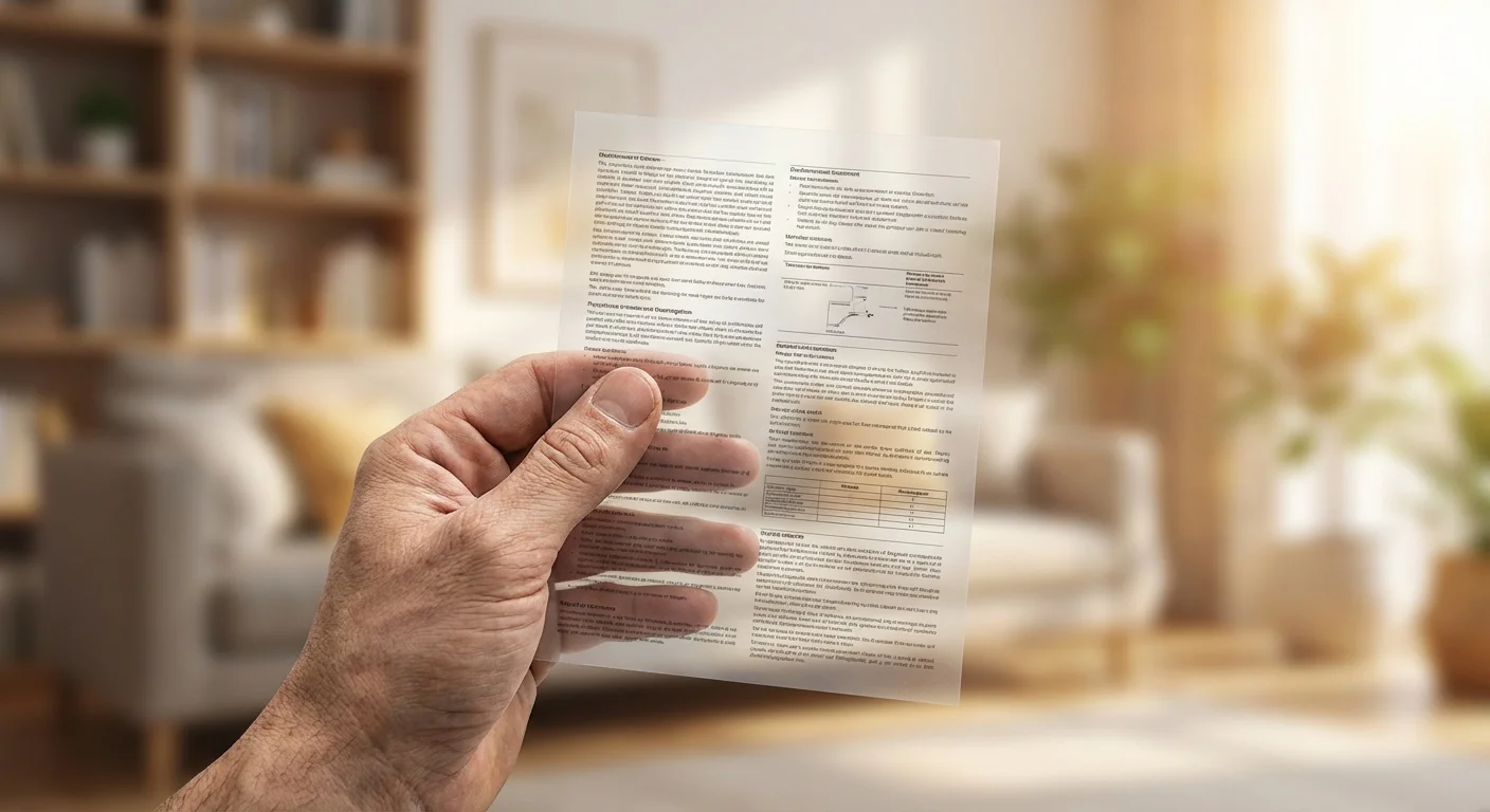 Close-up of a hand holding a document in a bright, airy room.