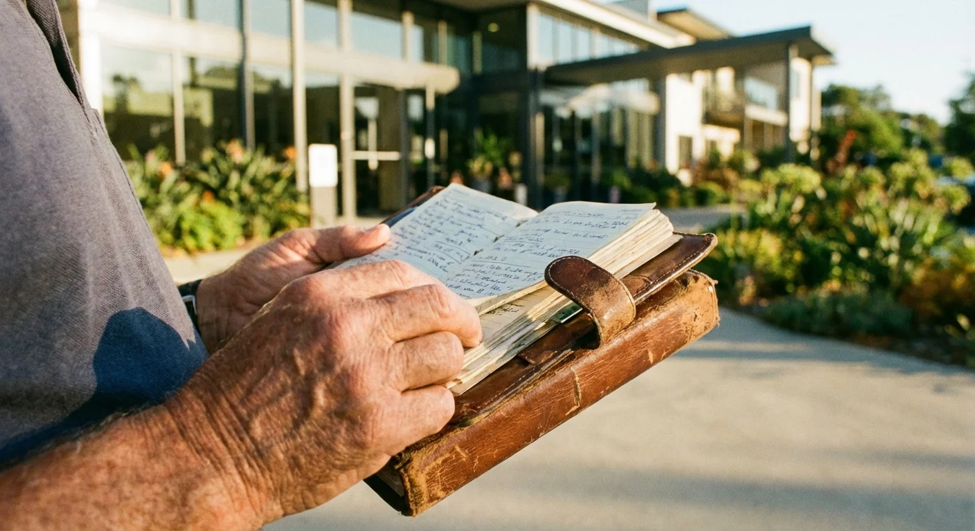Close-up of a man holding a financial planner with a modern facility in the background.