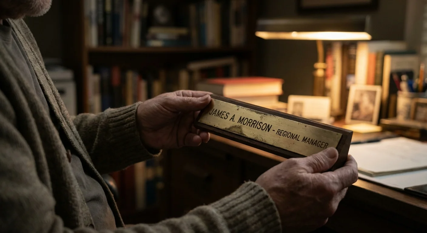 Close-up of a retiree's hands holding his former job nameplate, symbolizing the loss of career identity.
