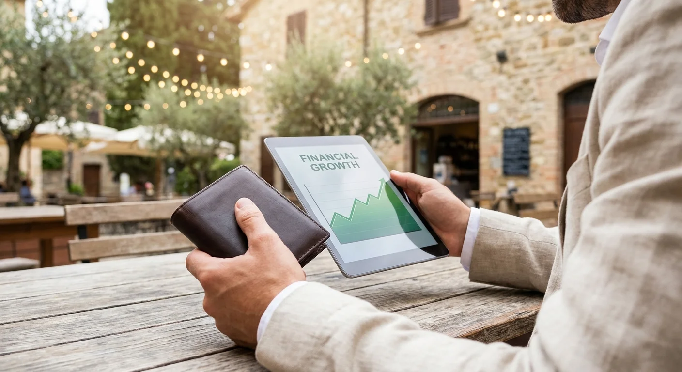 Close-up of a retiree's hands with a tablet and wallet, representing wealth preservation.