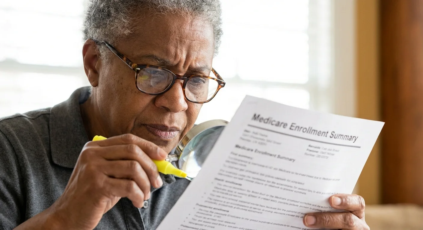 Close-up of a senior reviewing insurance documents with reading glasses.