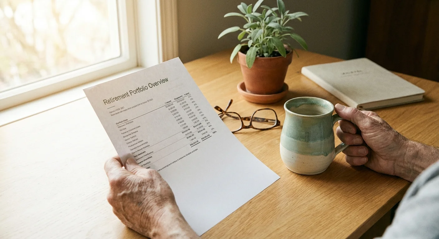 Close-up of a senior's hands holding a financial report and a coffee mug.
