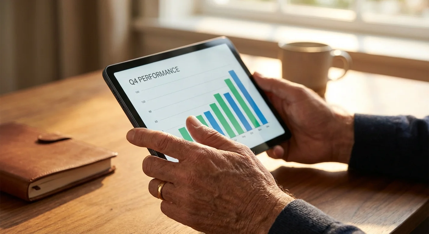 Close-up of a senior's hands holding a tablet showing a financial growth chart.
