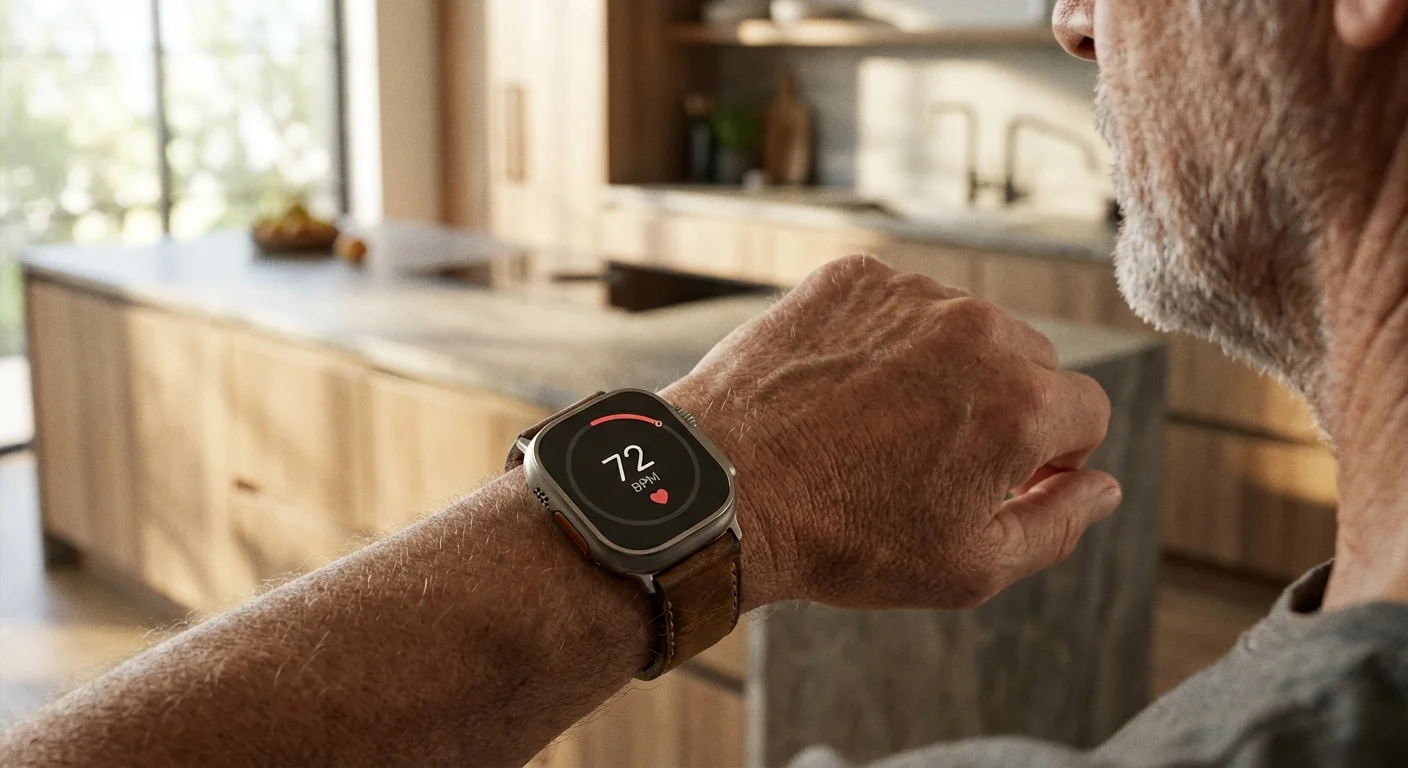 Close-up of a senior's wrist wearing a sleek health-tracking smartwatch.