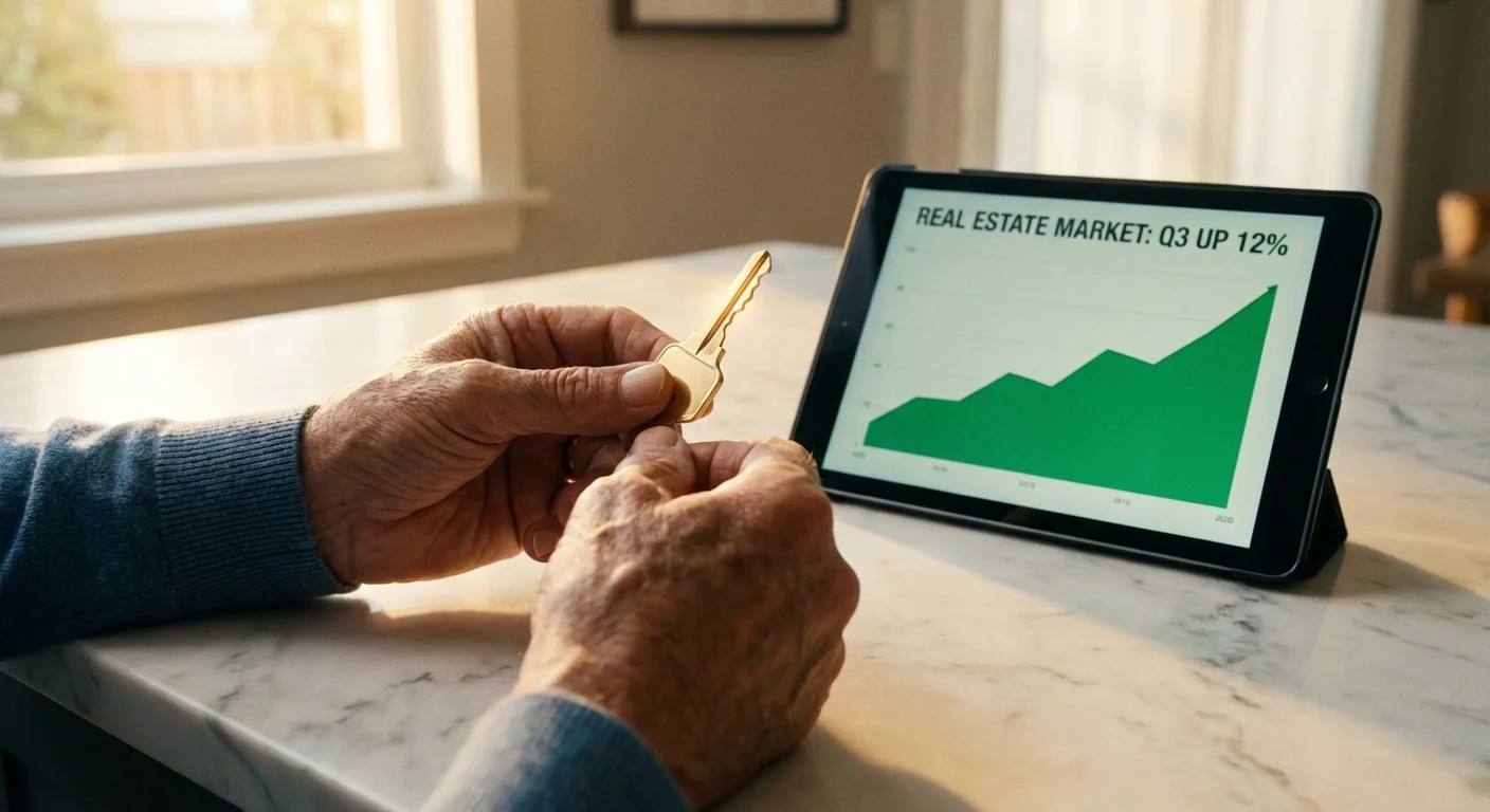 Close-up of hands holding a house key next to a tablet showing real estate growth.
