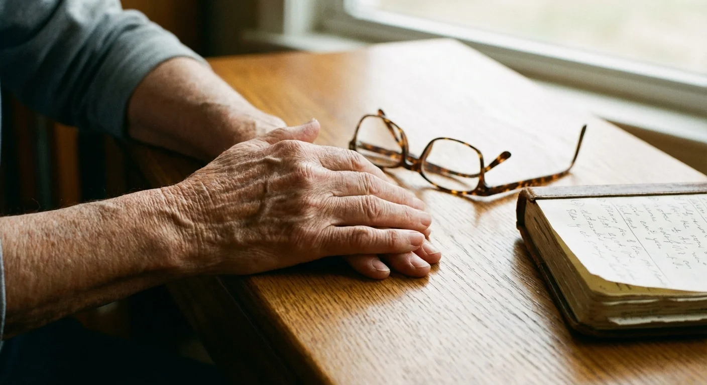 Close-up of hands on a desk with a notebook and glasses, symbolizing organized financial planning.