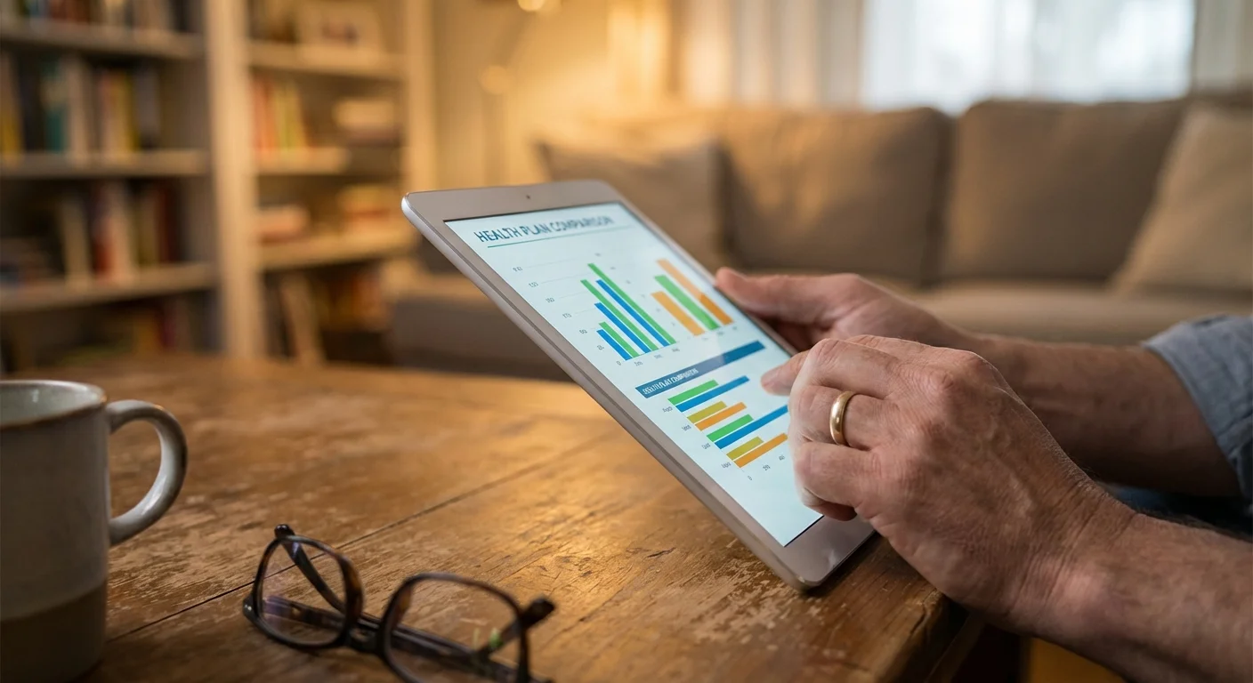 Close-up of hands using a tablet to compare health insurance plans.