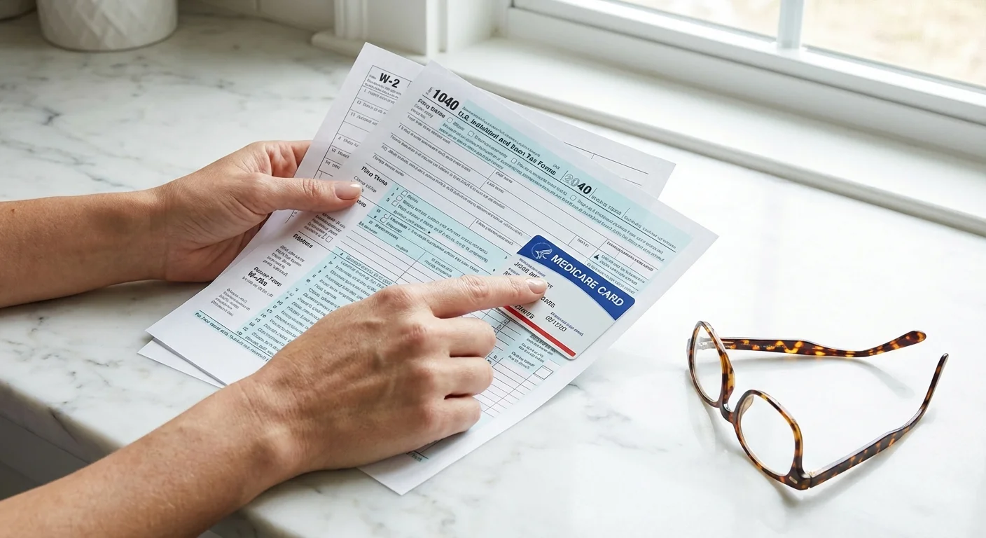 Close-up of Medicare documents and tax papers on a clean countertop.
