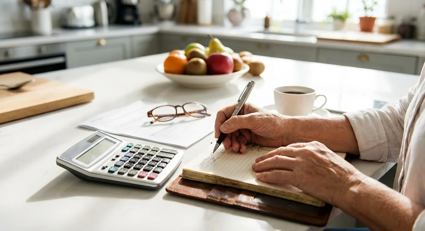 Hands using a calculator and writing in a planner on a kitchen counter.