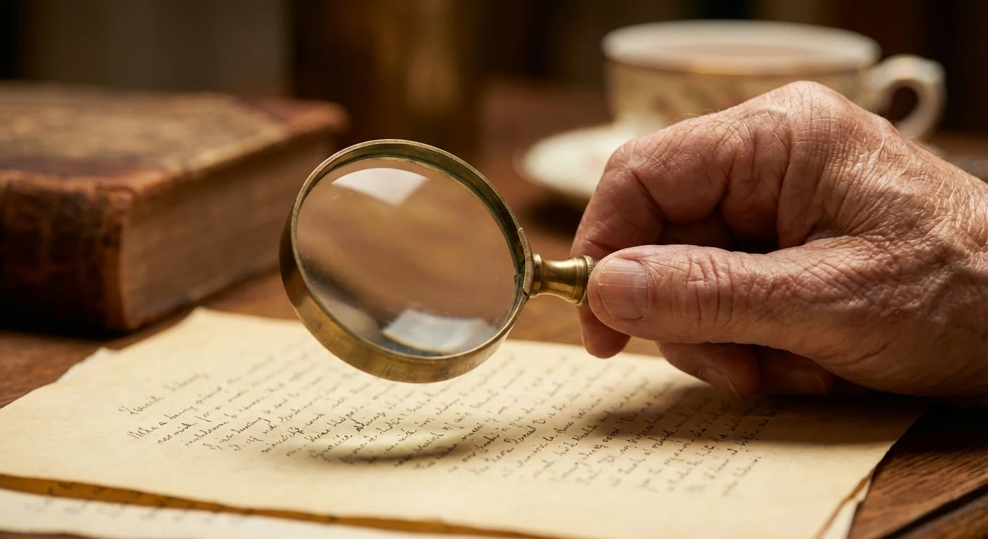 Magnifying glass held by a senior over a document for review.