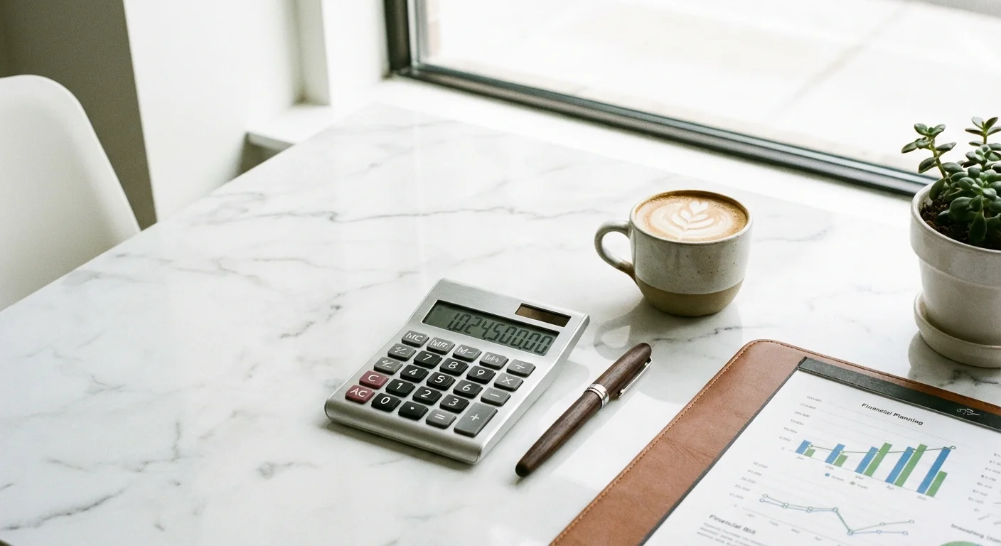 Minimalist workspace with a calculator and pen for financial planning.