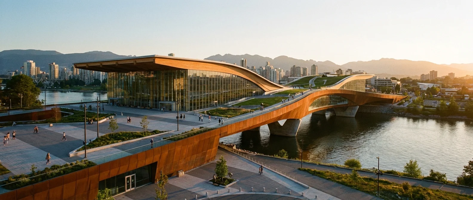 Modern civic architecture reflecting in water at sunset.