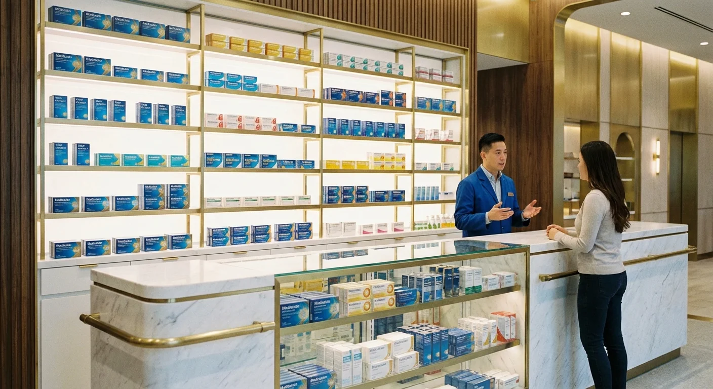 Organized medication on a clean counter in a modern, bright pharmacy.
