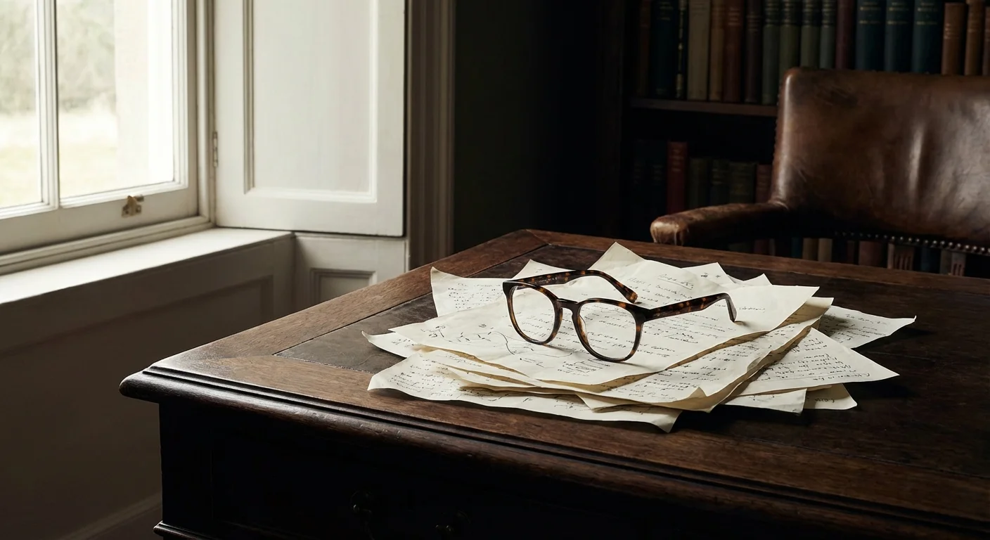 Reading glasses on a stack of papers in soft window light.