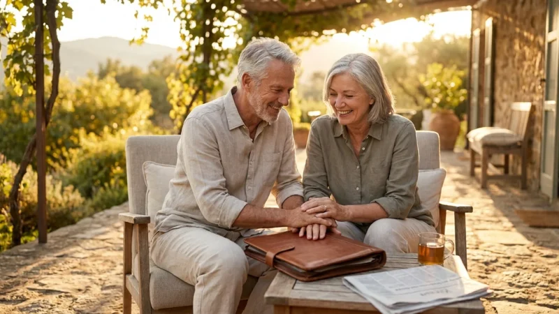 Senior couple smiling on a patio with an estate planning folder.