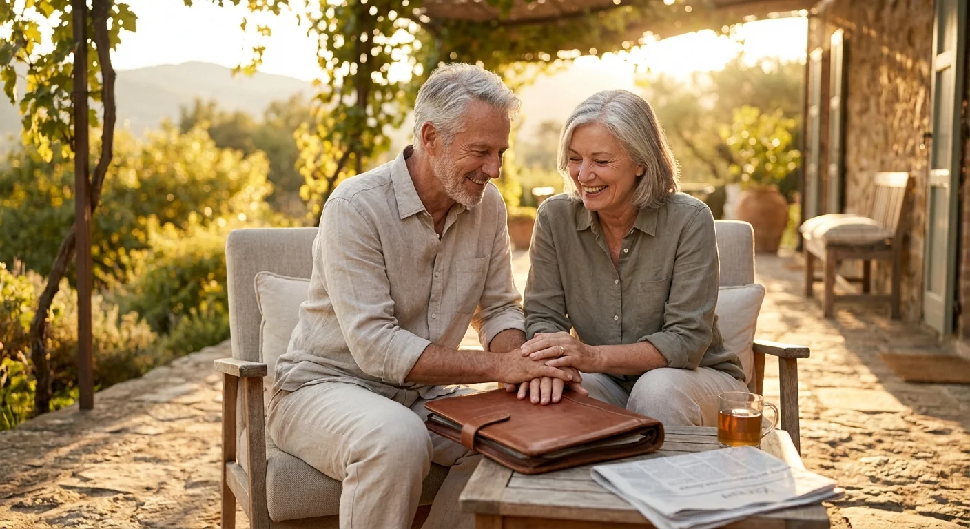 Senior couple smiling on a patio with an estate planning folder.