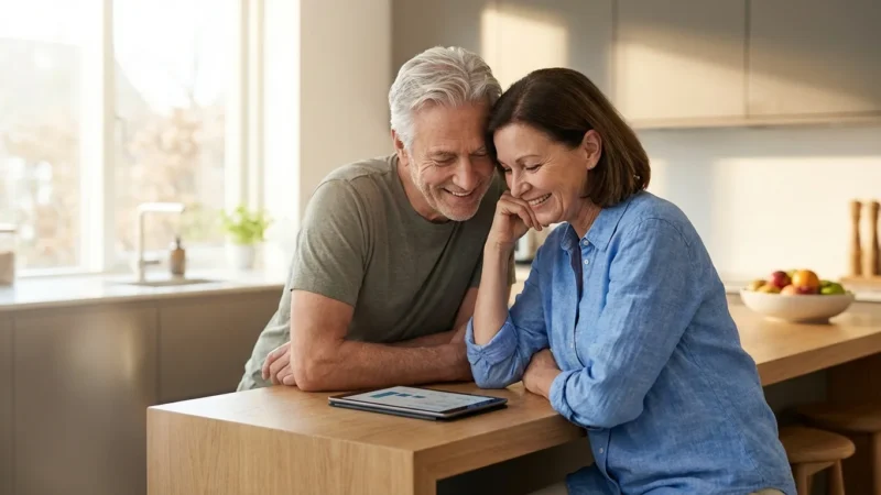 Senior couple smiling while looking at a tablet in a sunlit kitchen.