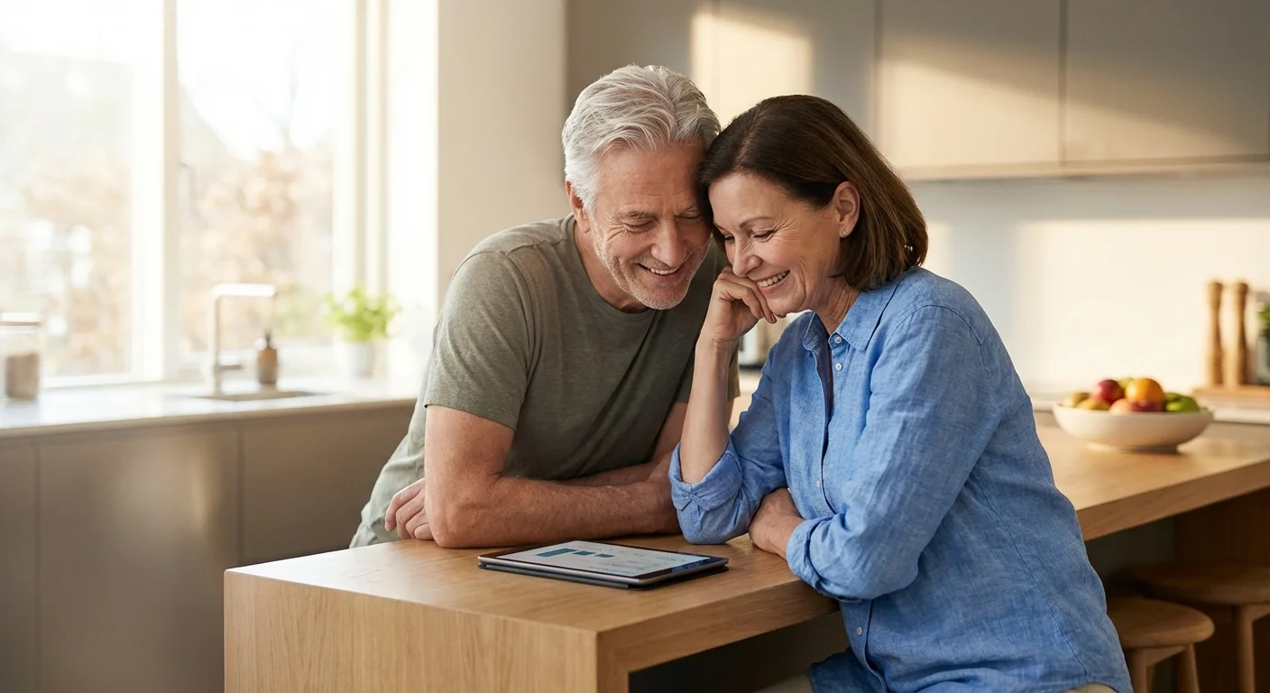 Senior couple smiling while looking at a tablet in a sunlit kitchen.