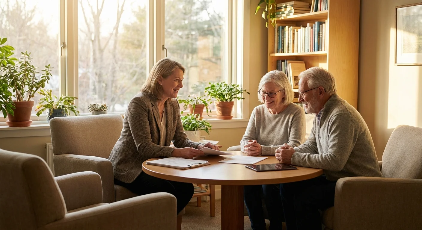Senior couple talking to a professional advisor in a bright office.