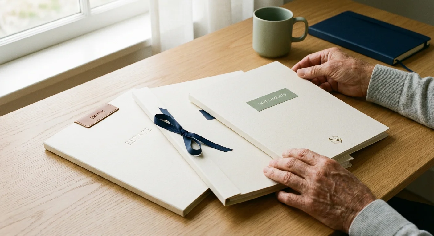 Senior hands organizing four professional legal folders on a desk.