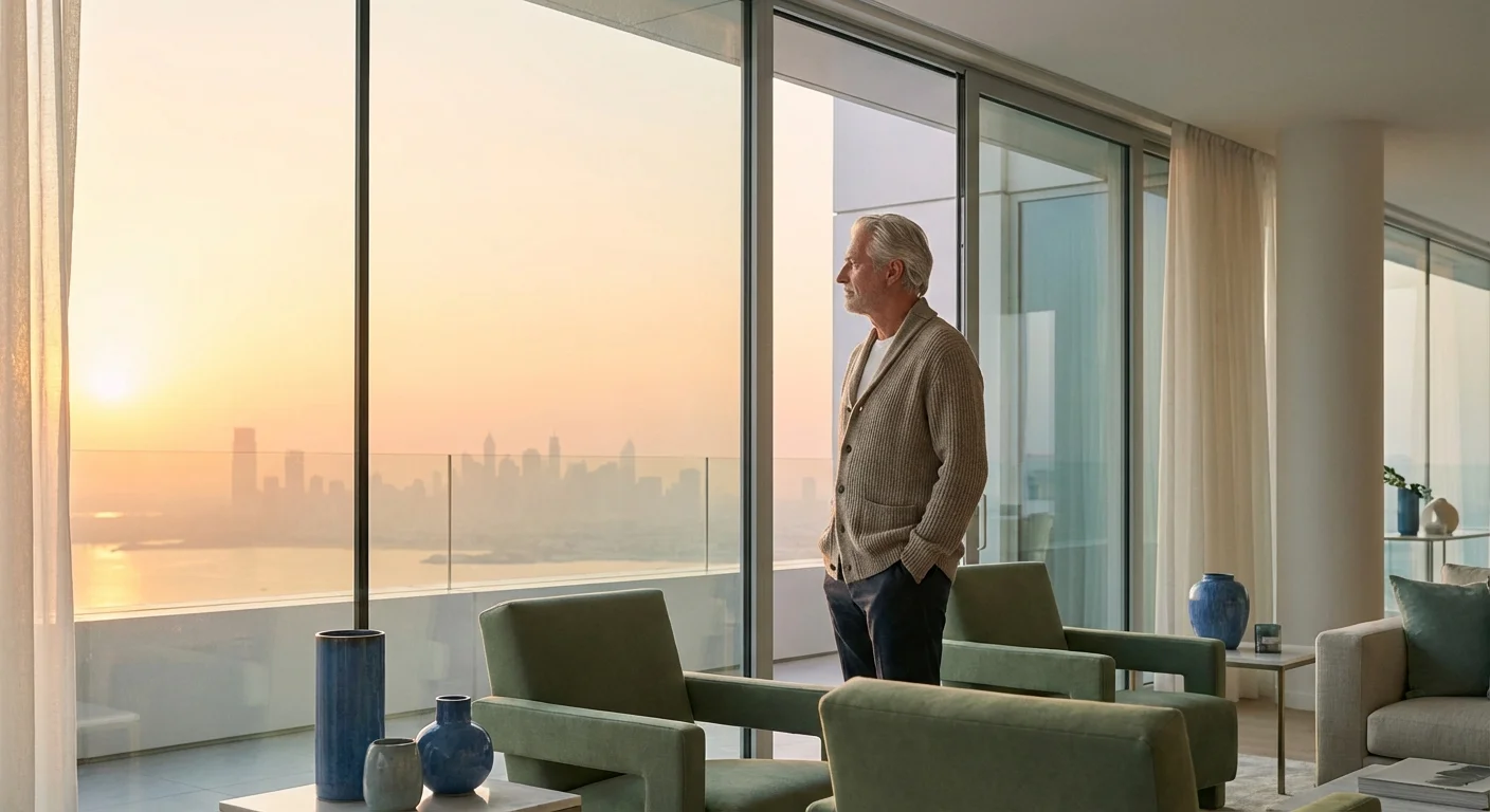 Senior man looking out a bright window at a clear morning sky.