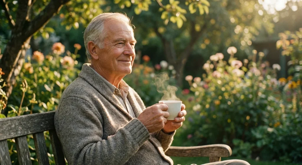 Senior man relaxing in a sunlit garden, looking peaceful.