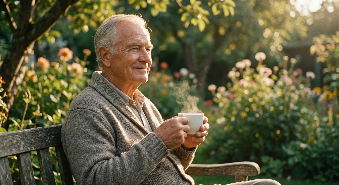 Senior man relaxing in a sunlit garden, looking peaceful.