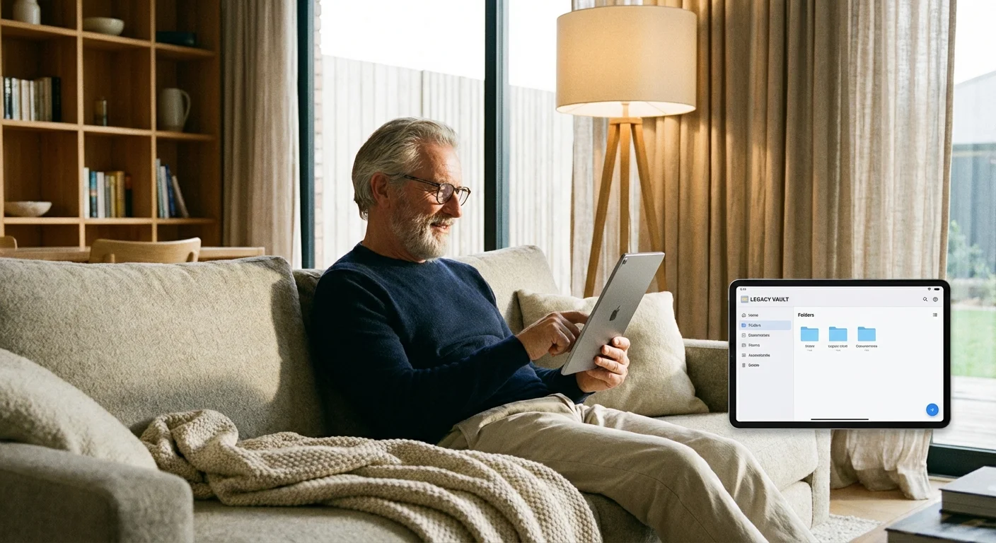 Senior man using a tablet in a sunlit, modern living room.