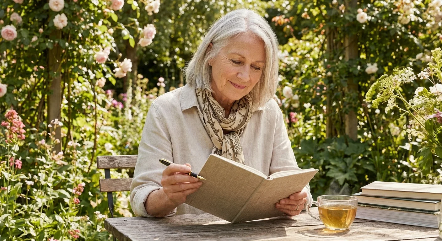 Senior woman writing in a notebook in a bright outdoor garden.