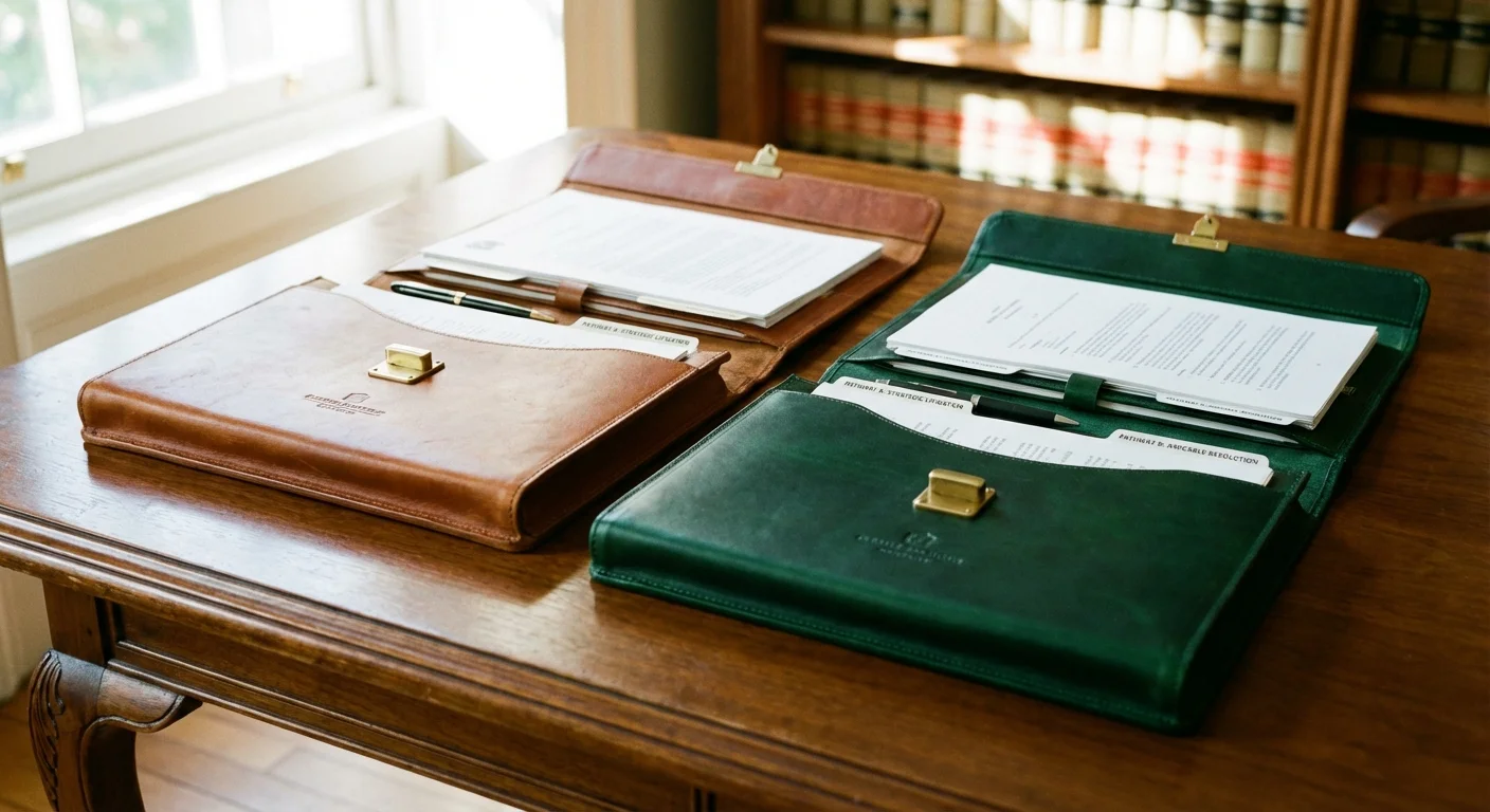 Two leather portfolios on a wooden table representing legal options.