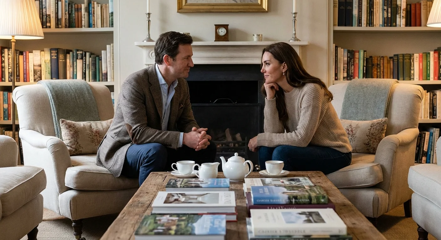 Two people having a professional but friendly discussion in a warm, upscale living room.