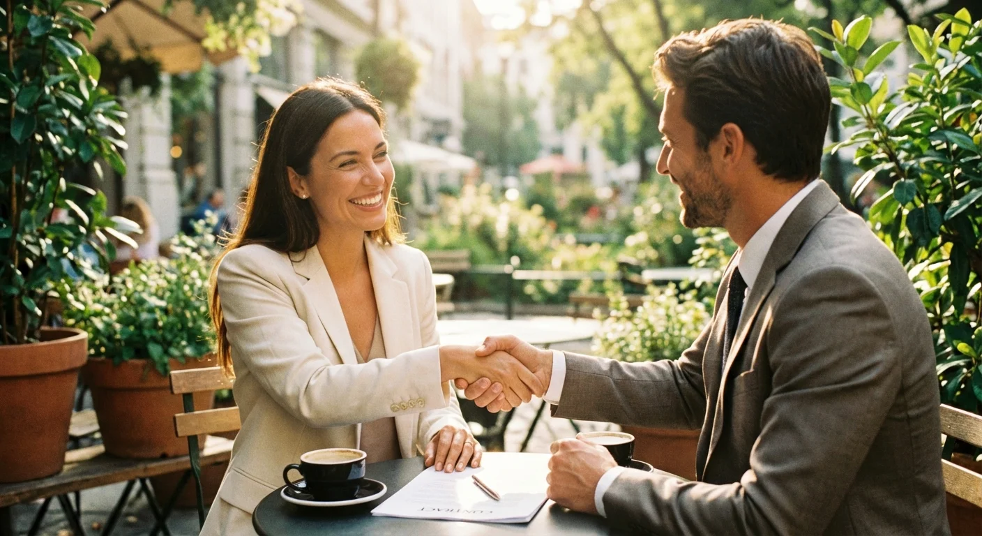 Two people shaking hands at an outdoor cafe, representing an employer-employee agreement.