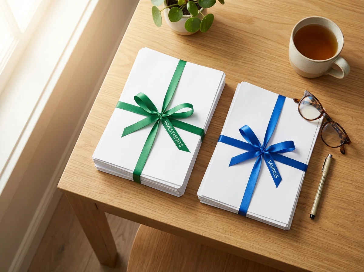 Two stacks of financial documents on a desk with reading glasses.