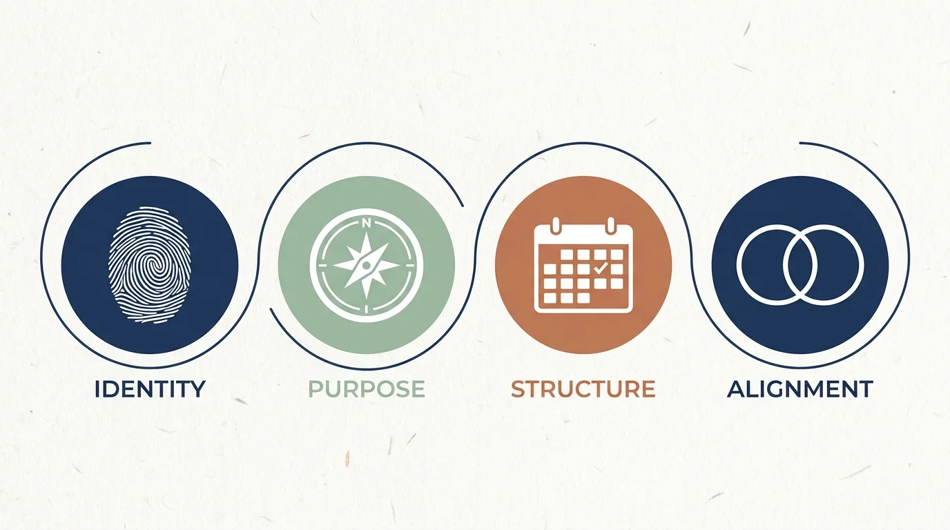 A clean diagram showing the four pillars of retirement: Identity, Purpose, Structure, and Alignment.