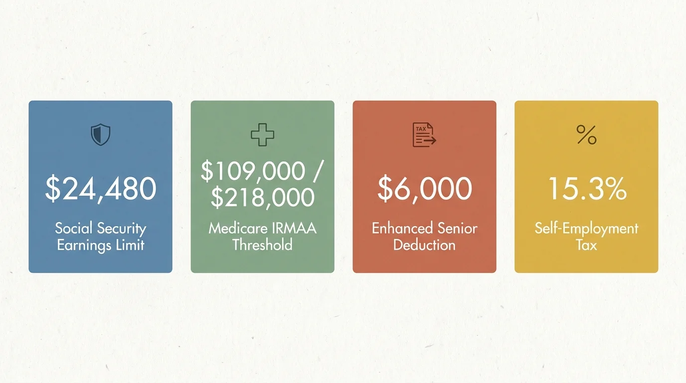 A clean infographic showing four key 2026 financial figures for retirees: $24,480, $109,000, $6,000, and 15.3%.