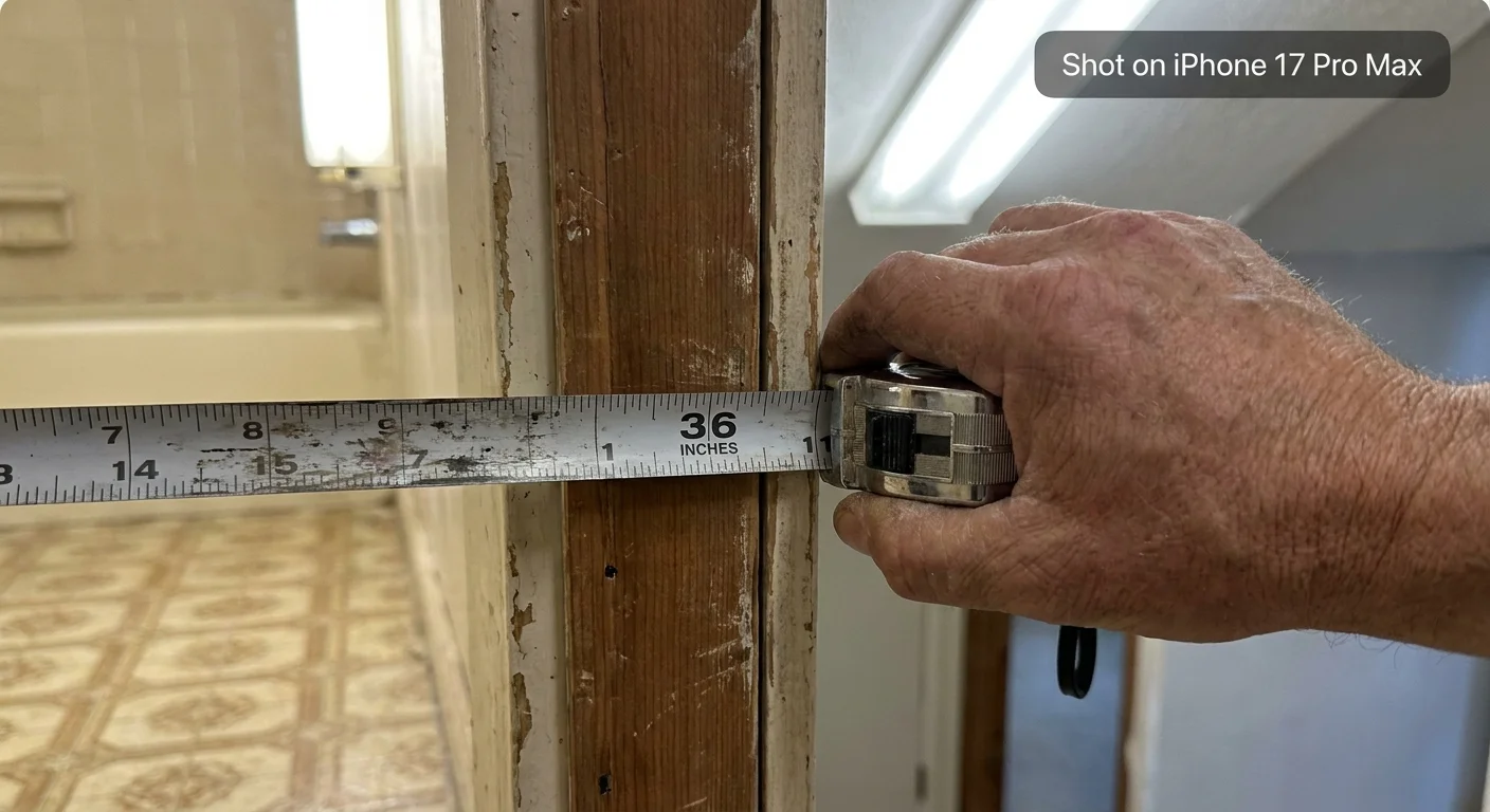 A close-up of a tape measure checking a doorway width for accessibility renovations in an older house.