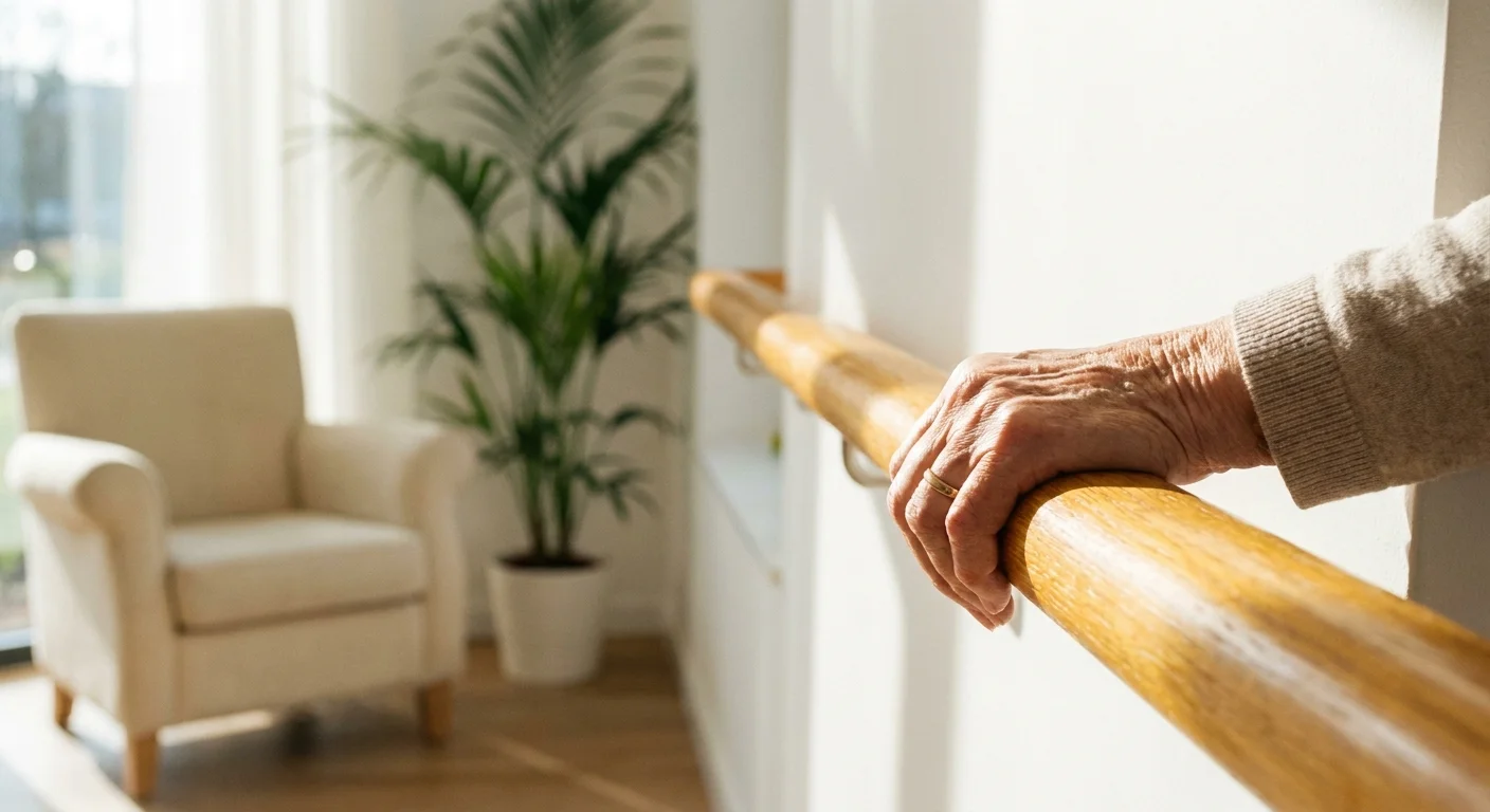 A close-up of an elderly hand resting on a handrail in a bright, modern facility, signifying long-term care needs.