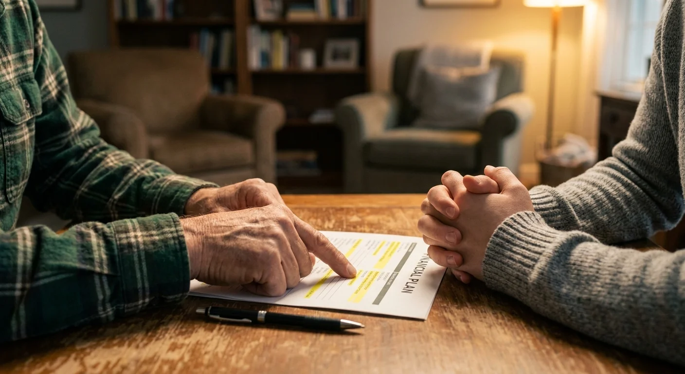 A close-up of two people's hands reviewing a financial plan together on a wooden table in warm lighting.
